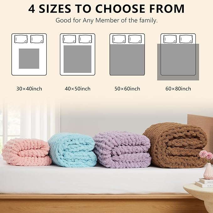 L'AGRATY Chunky Knit Blanket Throw - Soft Chenille Yarn Throw Blanket 40x50： Handmade Thick Cable Knit Crochet Blanke - Large Knit Blanket Chunky Rope Knot Throw Blanket for Couch Sofa Bed Home Decor