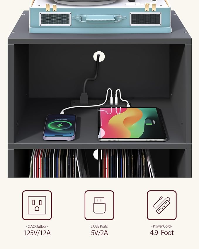 Record Player Stand, 3-Tier Side End Table with Charging Station, Turntable Stand Up to 160 Albums, Vinyl Storage Cabinet Dispaly Shelf for Living Room, Classic Black