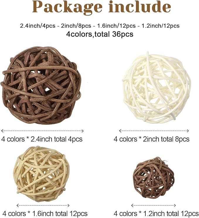 Patelai 36 Pcs Wicker Rattan Balls Decorative Balls for Vase Centerpiece Bowls Orbs Filler for Home Decor,4 Sizes(White, Wood Color, Light Tan, Coffee)