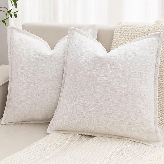Cream White Decorative Throw Pillow Covers 16x16 Inch Set of 2 Cozy Soild Chenille Cushion Cases Soft Textured Square Couch Pillows Cover Boho Accent Farmhouse Pillowcases for Sofa Bed