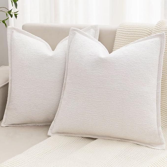 Cream White Decorative Throw Pillow Covers 24x24 Inch Set of 2 Cozy Soild Chenille Cushion Cases Soft Textured Square Couch Pillows Cover Boho Accent Farmhouse Pillowcases for Sofa Bed