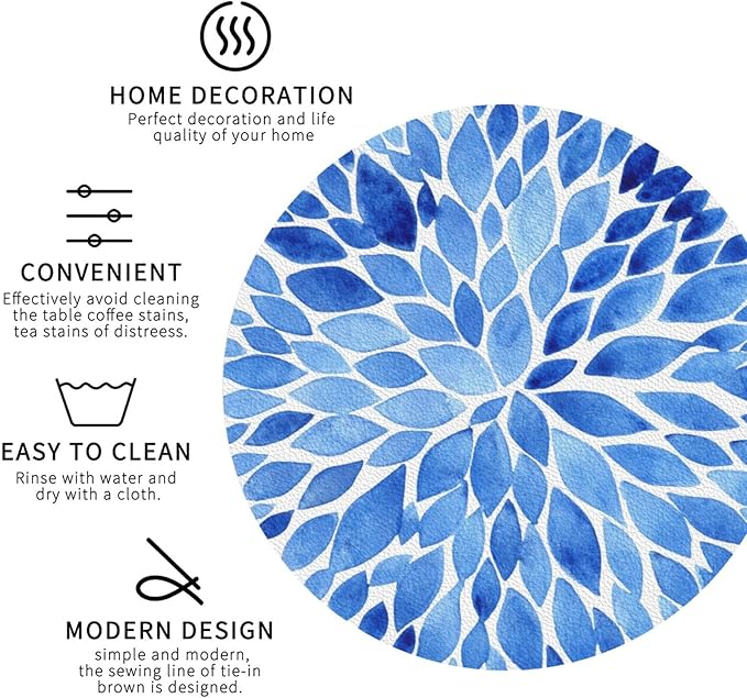 Blue Watercolor Flower Petals Coasters Set of 6 Coasters for Drinks Absorbent Double-Sided Leather PVC Coaster for Tabletop Protection Coffee Table Decor Ideal for Home Decor House Warming Gifts