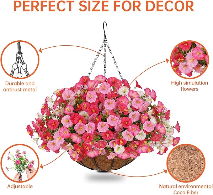 Artificial Hanging Faux Flowers Basket, Fake Silk Petunias Plants Arrangement,for Spring Summer Outdoor Decoration,UV Resistant, Morning Glorias,for Home Garden Decor (Dark Pink&White)