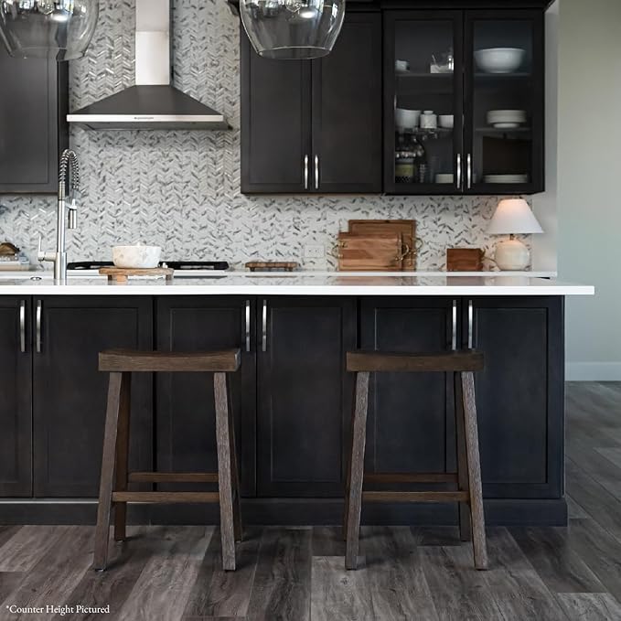 Maven Lane Kitchen Bar Stool, Modern Farmhouse Wood Barstool, Kitchen Island Chairs, Pub Bar Height Stools For Kitchen, Wide Comfortable Seat Backless Bar Stools, Vincent 31", Antiqued Brown, Set of 2