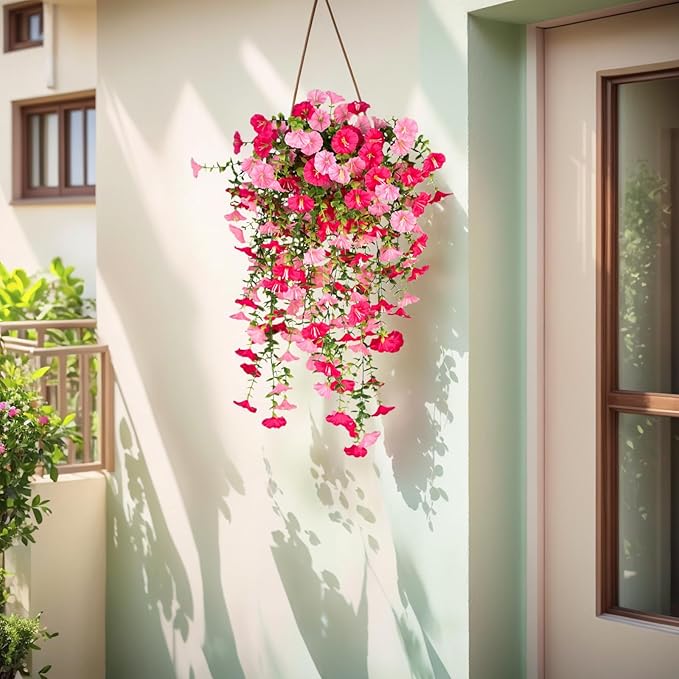 8 Pcs Artificial Hanging Flowers for Outdoor, Fake Silk Petunias Plants Arrangement, for Spring Summer Outdoor Decoration, UV Resistant, Morning Glorias, for Home Garden Decor (Dark Pink&White)