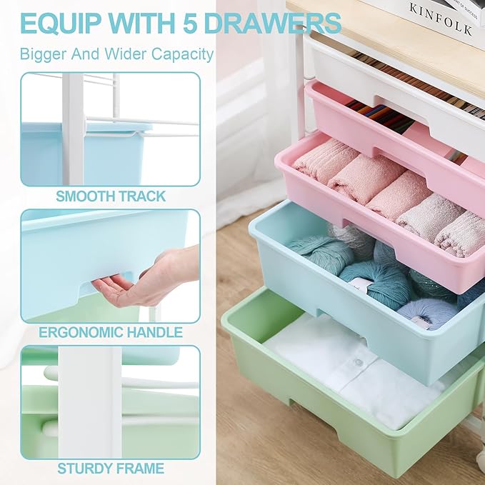 Utility Cart with 5 Drawers,Storage Drawer Cart with Wooden Tabletop and Lockable Wheels,Craft Storage Trolley Cart,5-Tier Rolling Utility Cart on Wheels,Rainbow