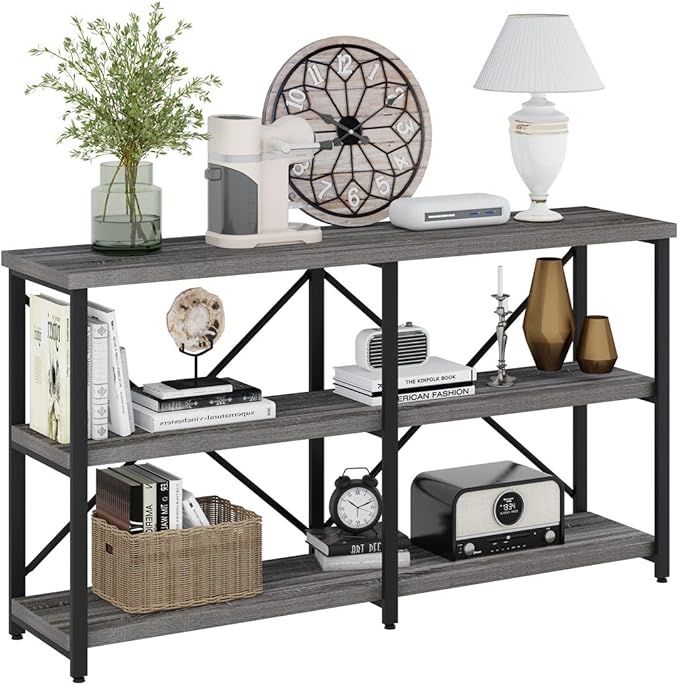 BON AUGURE 55 Inch Console Tables for Entryway, Industrial Sofa Tables for Living Room, 3 Tier Behind Couch Table, Foyer Table for Entry Way (Dark Grey Oak)