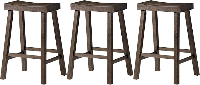 Maven Lane Kitchen Bar Stool, Modern Farmhouse Wood Counter Barstool, Kitchen Island Stool, Counter Height Bar Stools for Kitchen, Wide Seat Backless Bar Stools, Vincent 26", Antiqued Brown, Set of 3