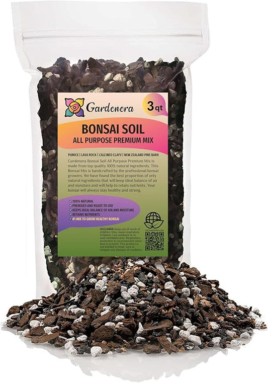 Premium Bonsai Soil All Purpose Fast Draining Mix - Pumice, Lava, Calcined Clay and Pine Bark Potting Pre Mixed Bonsai Plant Soil Mixture by GARDENERA - Made in USA - (3 Quart Bag)