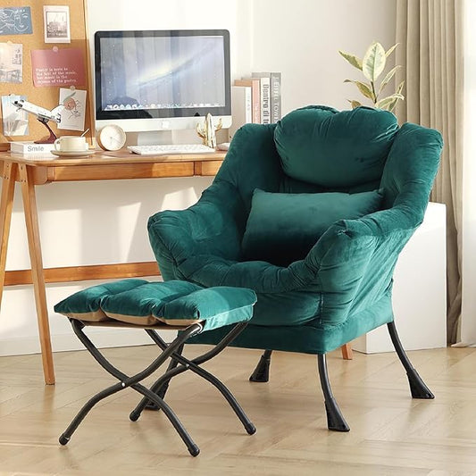 Lazy Chair with Ottoman, Modern Accent Chair with Lumbar Pillow, Comfy Chairs with Folding Footrest for Bedroom, Reading, Oversized Supportive Lounge Chairs(Velvet Dark Green)