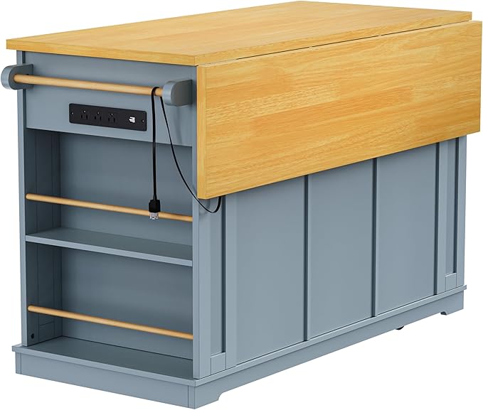 Merax 53" Upgraded Kitchen Cart Island with 2 Bar Stools on Wheels with Power Outlet,Drop Leaf,3 Drawers and 5 Open Side Racks,Wood Rolling Storage Cabinet