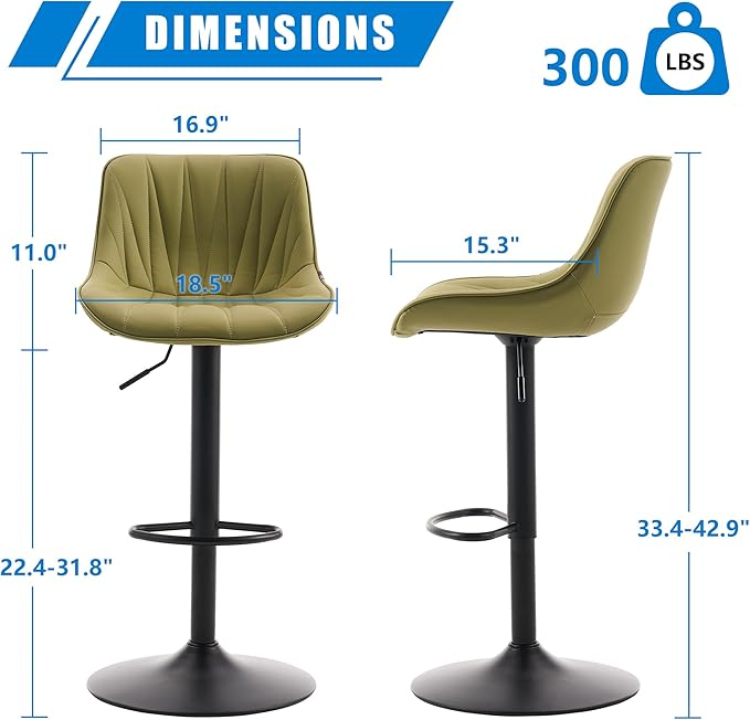 YOUNIKE Bar Stools Set of 2 for Kitchen Island, Grass Green Faux Leather Padded Counter Height Stools, Adjustable Swivel Barstools with Back, Modern Tall Stools with 300LBS Support