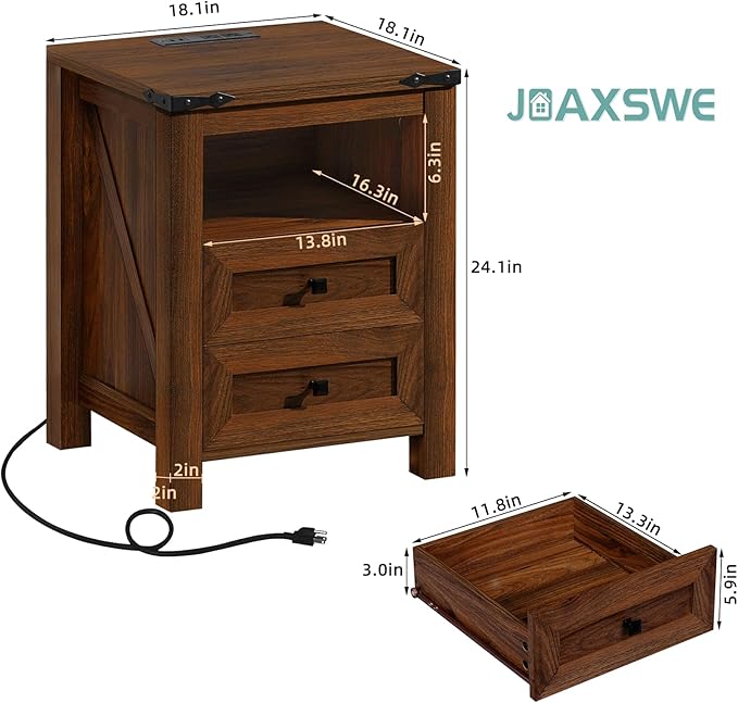 Nightstands Set of 2 with Charging Station, Farmhouse Side End Table with 2 Drawers and Open Shelf, Wood Rustic Sofa Table, Bedside Cabinet for Bedroom, Living Room, Closet, Office(Brown)