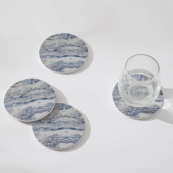 Set of 6 Navy Abstract Onyx Marble Coasters with Holder, Absorbent Ceramic Coasters for Drinks, Coasters with Cork Backing for Table Protection, Coffee Table Decor