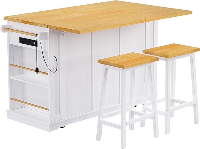 Merax 53" Upgraded Kitchen Cart Island with 2 Bar Stools on Wheels with Power Outlet,Drop Leaf,3 Drawers and 5 Open Side Racks,Wood Storage Cabinet