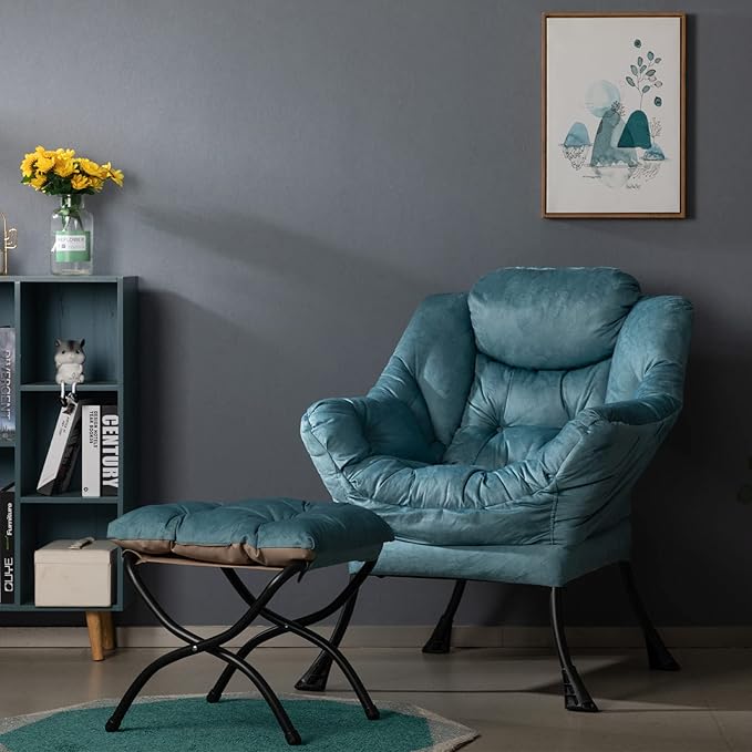 HollyHOME Fabric Lazy Chair with Foldable Ottoman, Accent Comfy Lounge Arm Chair and Folding Footrest Stool Set, Leisure Sofa Reading Chair and Footstool for Living Room, Bedroom, Dorm, Blue