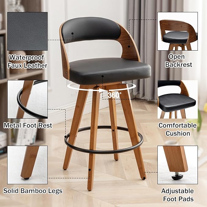 Barstools Set of 2,Counter Height Bar Stools for Kitchen Island,26.8 Inch Modern Upholstered Bar Chair, Swivel Counter Stools with Wood Back and Bamboo Legs (Black-PU)