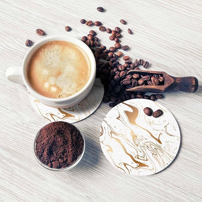 Liquid Marble Texture Coasters for Drinks 2 Pack Water Wave Curve Modern Doodle White Gold Oil Stain Line Tabletop Protection Kitchen and Coffee Table Décor & Accessories,Set of 2