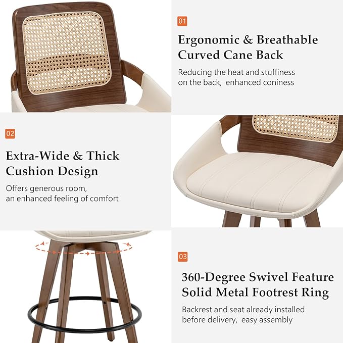 Set of 3 Mid Century Modern Counter Stools - 26.4 inch Rattan Swivel Counter Stools with Cane Back, Upholstered Faux Leather, Walnut Craftsmanship, Ideal for Island/Pub/Kitchen(26" Seat Height, Beige)