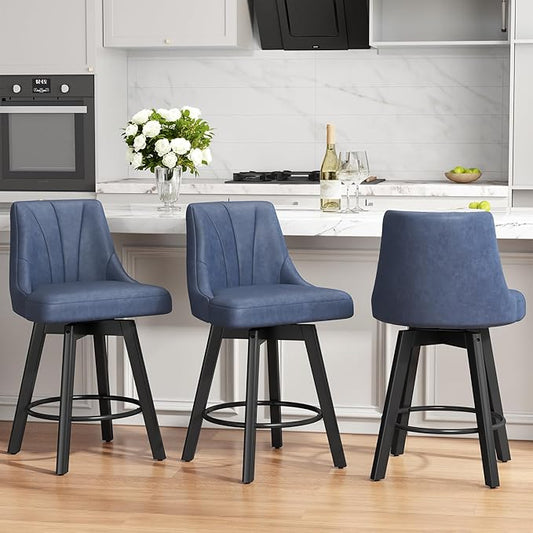 Counter Height Swivel Bar Stool, 24" Upholstered PU Leather Barstools Set of 3, Counter Stool Chair with Back & Solid Wood Legs for Kitchen Island Dining Room (Blue)