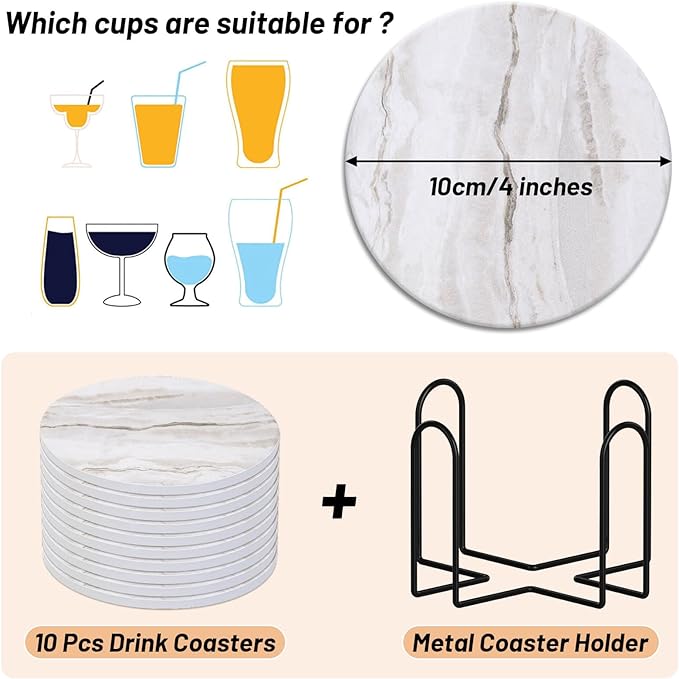 Caffox Coasters Set of 10, Absorbent Drink Coasters with Holder, Marble Style Ceramic Coaster for Wooden Table, Home Decor, 4 Inches(Griege)
