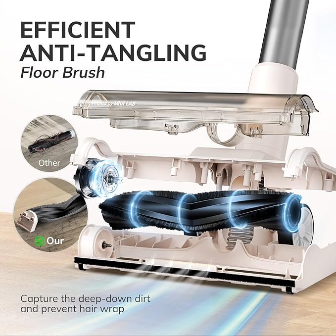 MIUI Cordless Upright Vacuum Cleaner, 45000Pa M2 Powerful Suction Brushless Motor, V-Shaped Anti-Hair Tangle Brush, Optical Dust Detection, Stick Vacuum for Hard Carpet,Floor,Pet Hair