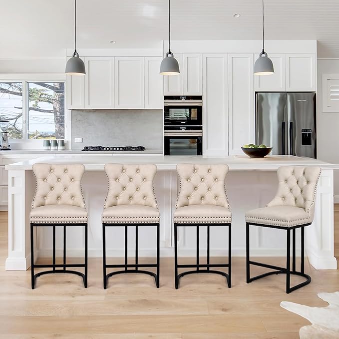 UVV Counter Height Bar Stools Set of 3, 26" Modern Barstools with Back, Faux Leather Upholstery Counter Chairs with Metal Legs for Kitchen Island, Bar, Counter, Beige