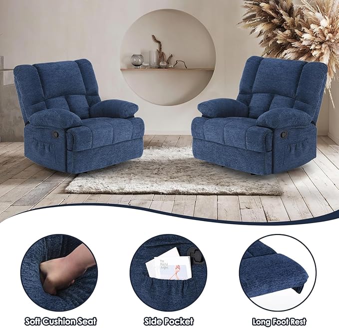 Oversized Rocker Recliner Chair, Wide Rocker Chair with Adjustable Backrest Footrest, Oversized Recliner for Adults, Reclining Sofa for Living Room, Navy