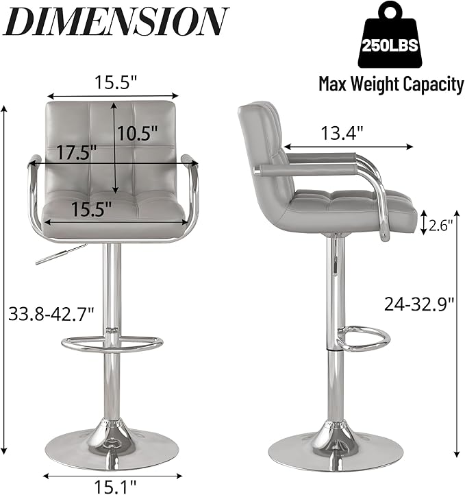 Modern PU Leather Bar Stools Set of 4, Adjustable Swivel Square Bar Chairs, Counter Height Barstools with Arms and Large Base for Island/Kitchen(Gray)