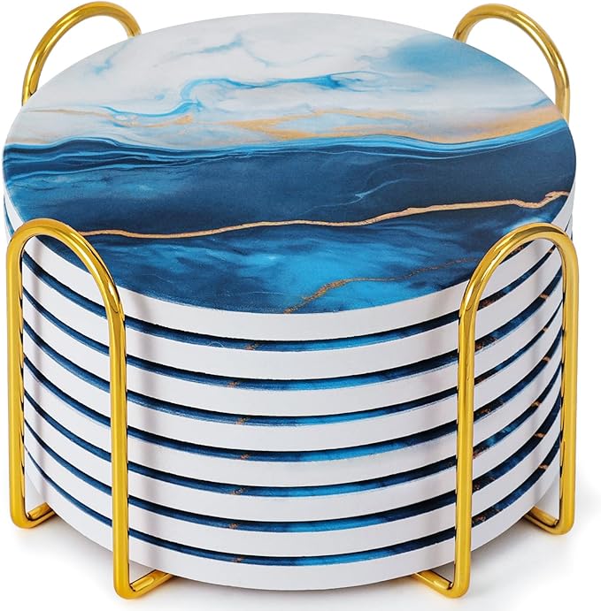 GOH DODD Coasters for Drinks Set of 8, Absorbent Marble Style Ceramic Coaster Tabletop Protection Home Decor with Metal Holder for Coffee Table, Housewarming Gifts Wedding Party, Blue, Round, 4 Inches