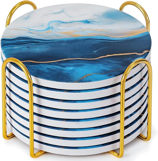 GOH DODD Coasters for Drinks Set of 8, Absorbent Marble Style Ceramic Coaster Tabletop Protection Home Decor with Metal Holder for Coffee Table, Housewarming Gifts Wedding Party, Blue, Round, 4 Inches