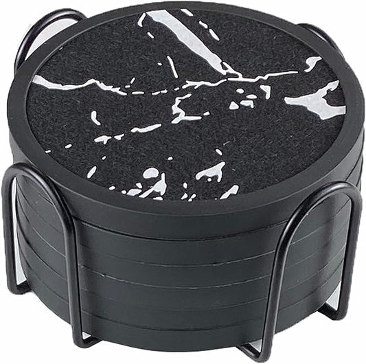 Absorbent Coasters for Drinks with Holder - 6packs, Silicone Coaster with Soft Felt Insert (4.5 inch Holder, Marble Pattern)