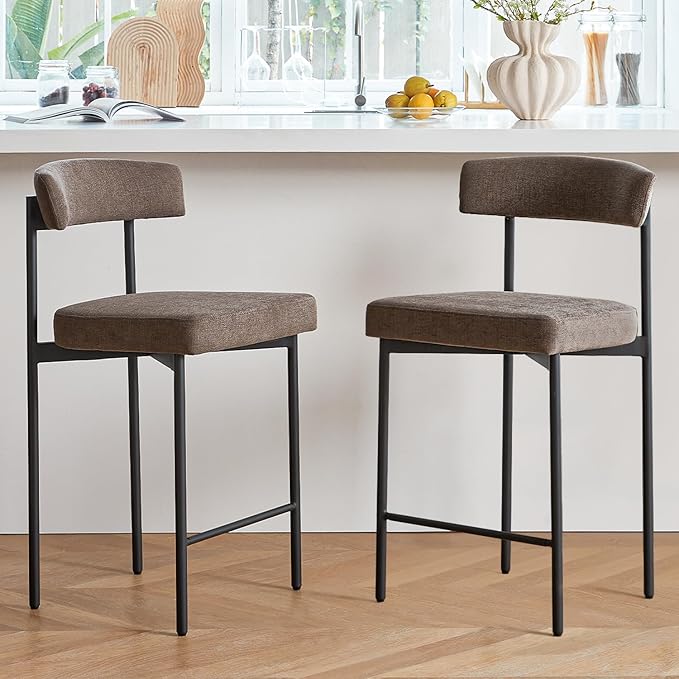 Grey Modern Bar Stools Set of 2, 24 Inch Counter Stools with Curved Backrest, Counter Height Bar Stools for Kitchen Island