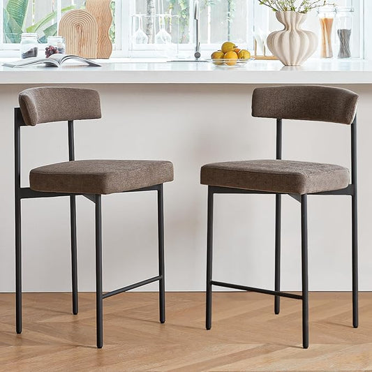 Grey Modern Bar Stools Set of 2, 24 Inch Counter Stools with Curved Backrest, Counter Height Bar Stools for Kitchen Island
