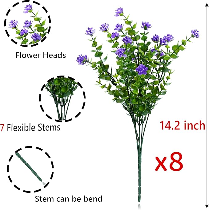 SITUMEIZI 8 Bundles Purple Artificial Flowers Outdoor Fake Flower Plastic UV Resistant Shrubs Greenery Plants Hanging Decorations Garden Porch Window Box Farmhouse Outside Summer Indoor Decor