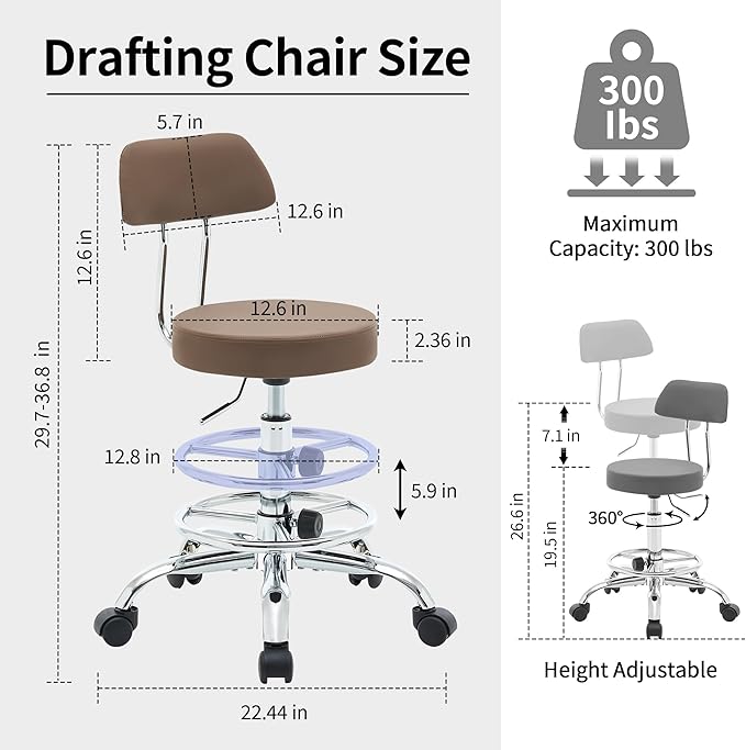Office Drafting Chair (Rolling Office Stool) (Adjustable Height Footrest Massage Chair 19.5"-26.6") Lab Stool with Back (Coffee Brown)