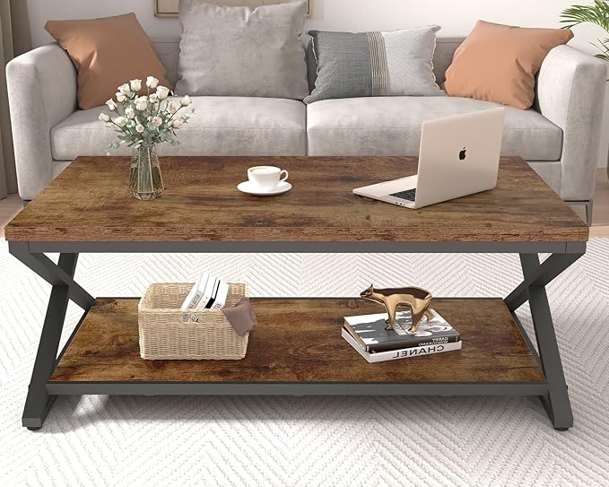 HSH Wood Coffee Table with Storage, Farmhouse Rustic Brown Coffee Table for Living Room, Modern Minimalist 2 Tier Center Table, Simple Rectangle Cocktail Tea Table in Home Office Bedroom, 39 Inch
