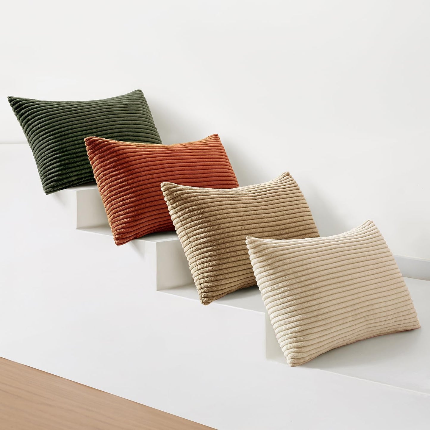 MIULEE Boho Farmhouse Throw Pillow Covers 12x20 Inch Set of 4 Mordern Rust-Olive Green Cushion Covers Soft Corduroy Nordic Home Decor for Spring Couch Bed Sofa Living Room