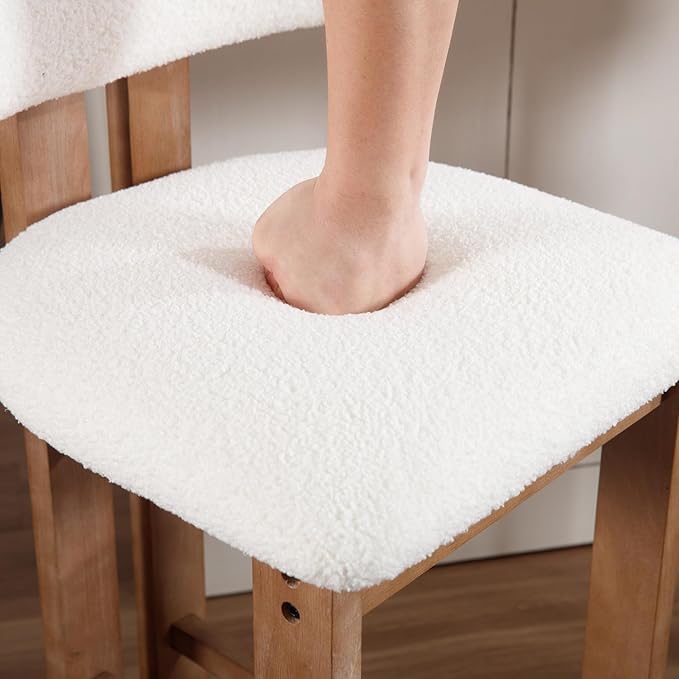 Upholstered Farmhouse Bar Height Bar Stools Set of 2 White Sherpa Barstools with Back/Solid Wood Legs, Modern Tall Bar Chairs for Kitchen Island/Home Bar/Pub, 30 Inch