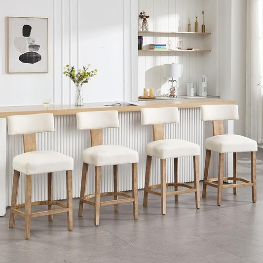 Linen Bar Stools Set of 4, Upholstered 27.7'' Counter Height Barstools with Curved Back, Farmhouse Wood Bar Chairs for Breakfast, Kitchen Island, Cafe, Beige