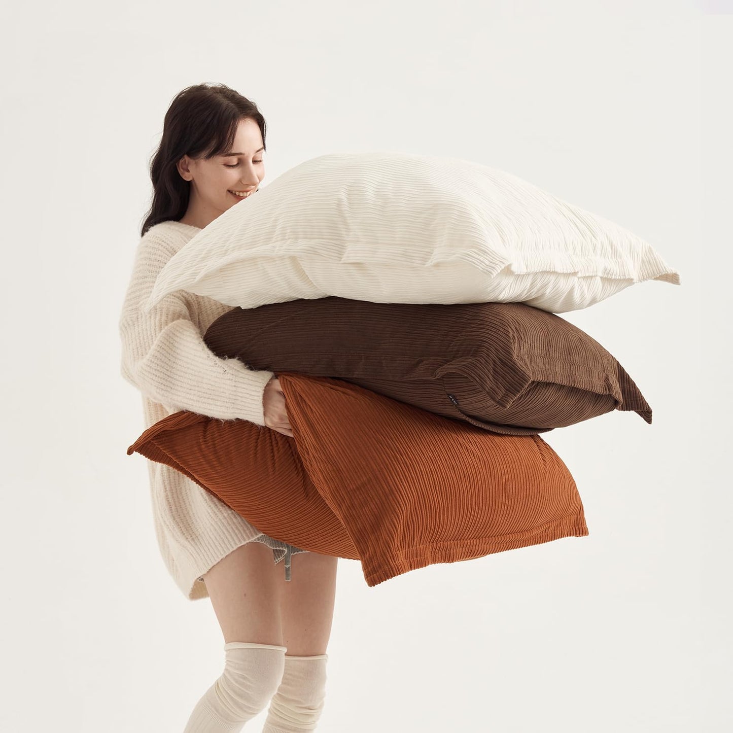 Set of 3 Super Soft Vintage Oversized Pillow Covers 26x26inch, Striped Corduroy Decorative Cushion, Home Decor for Expansive Living Rooms & Bedrooms (Earthy Brown, Rust & Cream