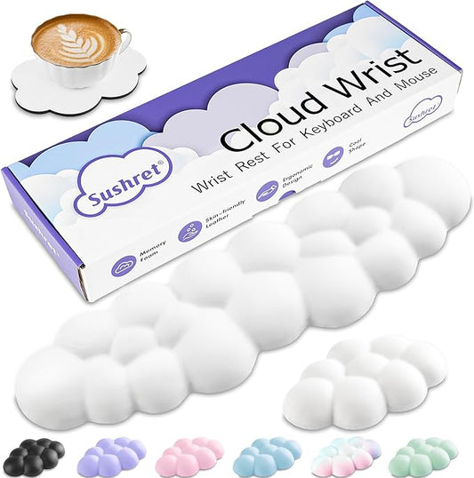 Cloud Wrist Rest Keyboard, Cloud Keyboard Wrist Pad Set with PU Leather Memory Foam, Cute Arm Rest for Palm Support, PC/Gaming Desk Accessories/Office Setup/Computer Hand Cushion - White