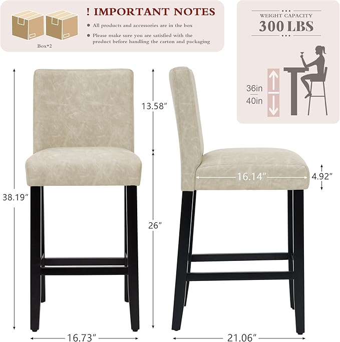 26'' Faux Leather Bar Stools Set of 4, Modern Upholstered Bar Height Bar Chairs, Soild Wood Legs Barstools with Back, Beige