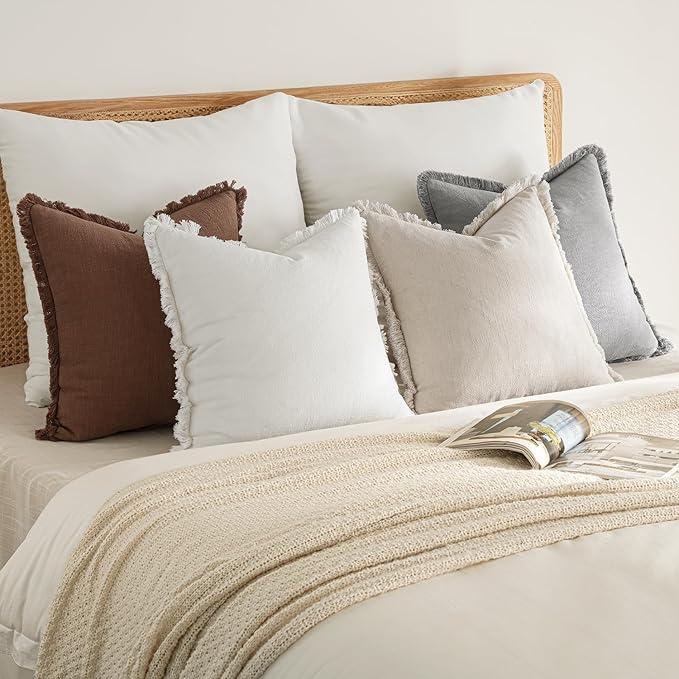 MIULEE Decorative Couch Pillow Covers Neutral Linen Fringe Throw Pillows Set of 4 Mid Modern Cushions Boho Farmhouse Pillowcases for Bed Sofa Living Room Home Decor 18x18 Inch Beige/Brown/Grey