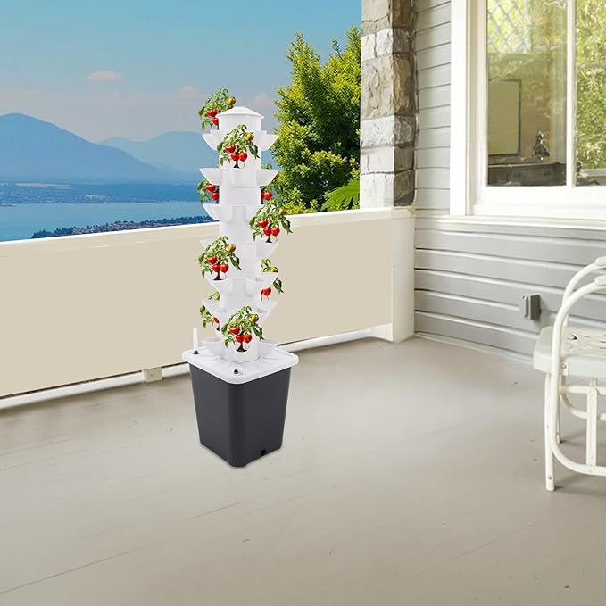 7-Tier Hydroponic Growing Tower, 35-Plant Indoor Gardening System w/Automatic Water Circulation, Vertical Aeroponic Tower Garden for Herbs, Vegetables, Fruits (Grey, 35-Plants)