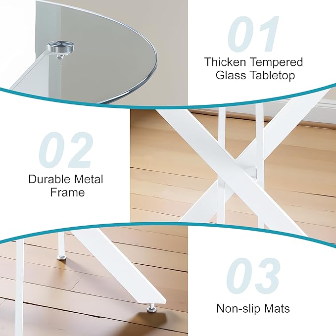 Dining Table for 4 Modern Round Dining Table 35.43" Kitchen & Dining Room Tables with Metal Legs and Glass Tabletop for Dining Room and Apartment, White