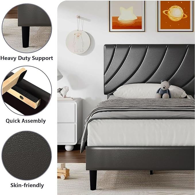 HOMBCK Bed Frame Full Size with Headboard, Linen Upholstered Bed Frame with Strong Wood Slats, No Box Spring Needed, Easy Assembly, Grey