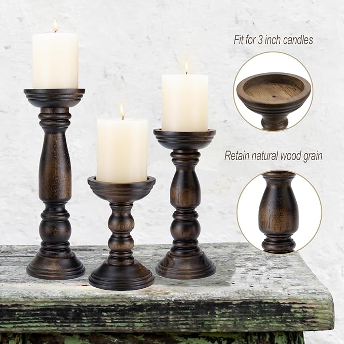 Farmhouse Wooden Candle Holders for Pillar Candles Set of 3, Rustic Wood Candle Holder Table Centerpiece Decor, 12'' 9'' 6'' Vintage Tall Candle Stand Decorative, Dark Brown