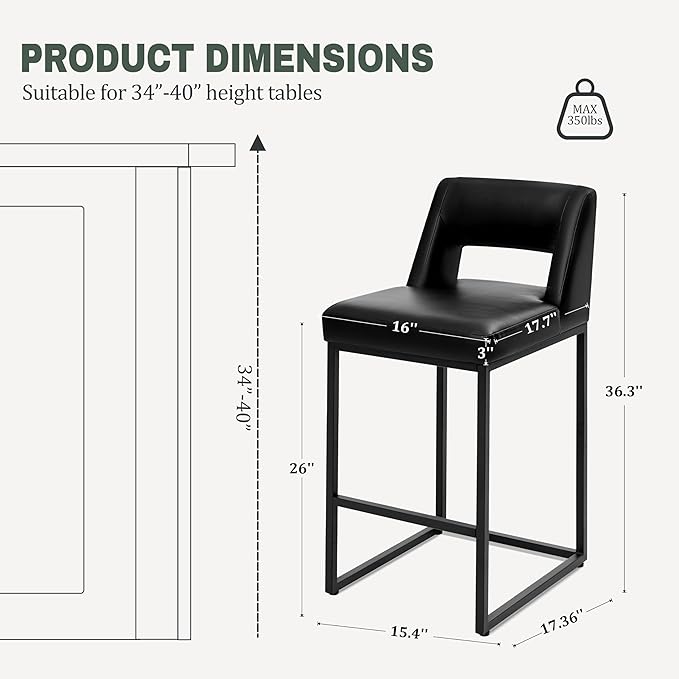 Counter Height Black Bar Stools Set of 3 for Kitchen Counter Modern Bar Chairs with Backs for Kitchen Island with Upholstered Faux Leather Seat and Metal Frame, 26 Inch