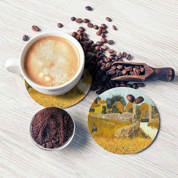 Farmhouse Coasters for Drinks 2 Pack Harvest Season Oil Painting House Farm Village Life with Sunflower Tabletop Protection Kitchen and Coffee Table Décor & Accessories,Set of 2